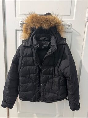 Mixit Black Puffer Jacket with Faux Fur Hood Trim